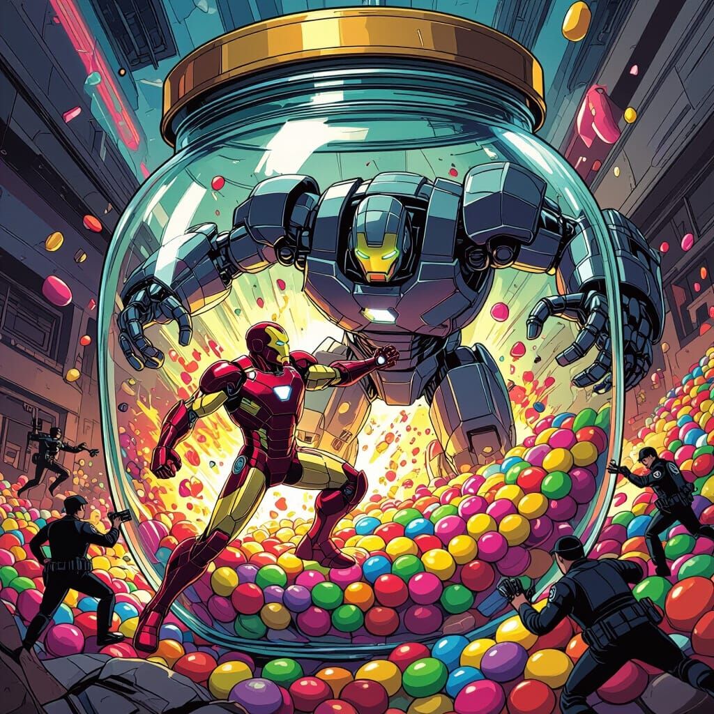 Ironman Battles Robot in Candy Jar, Comic Style