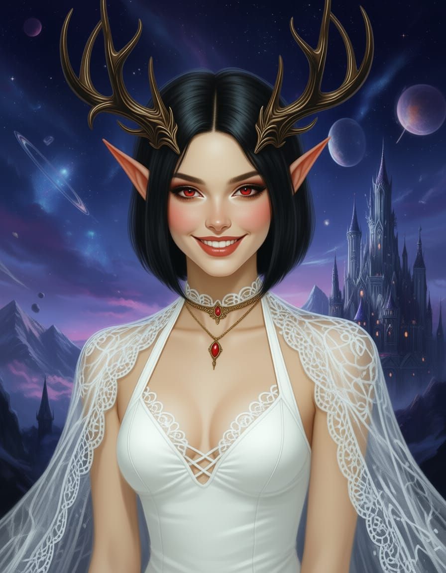 Beautiful Elf Maiden with Antlers in Alien Sky