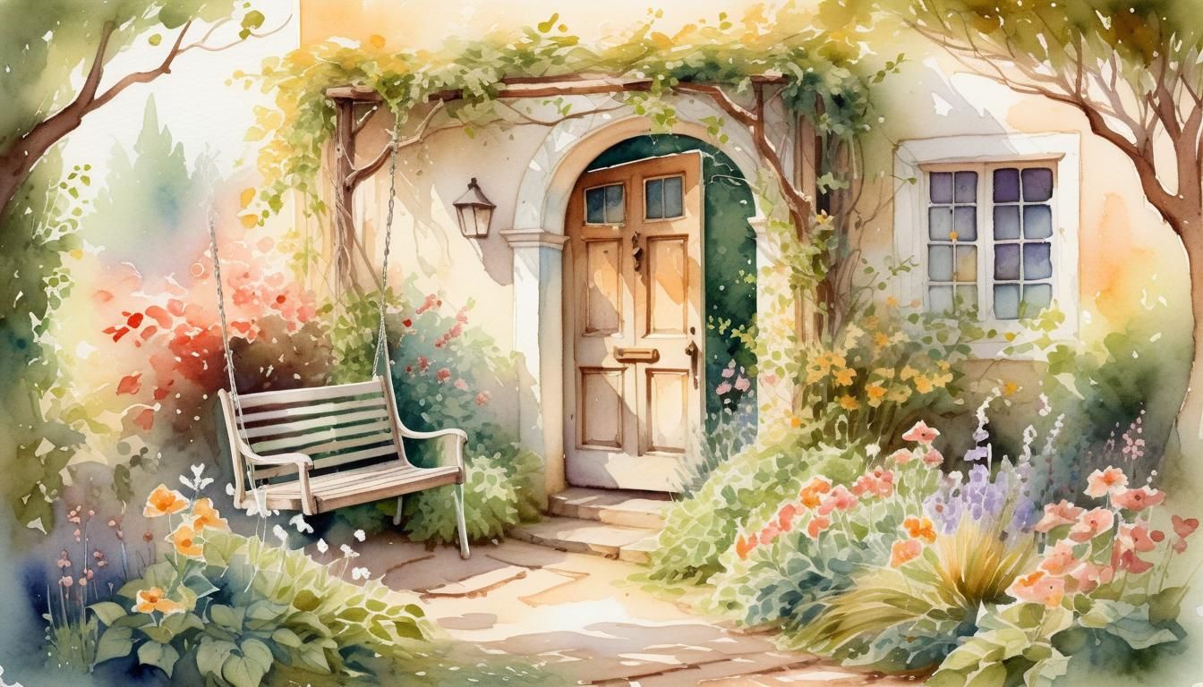 Quaint Garden with Robin in Watercolor Illustration
