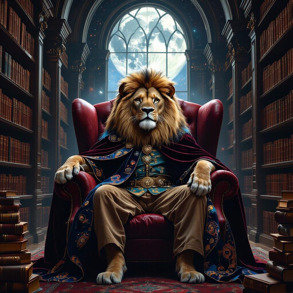 Lion in Celestial Cloak on Velvet Armchair in Grand Library