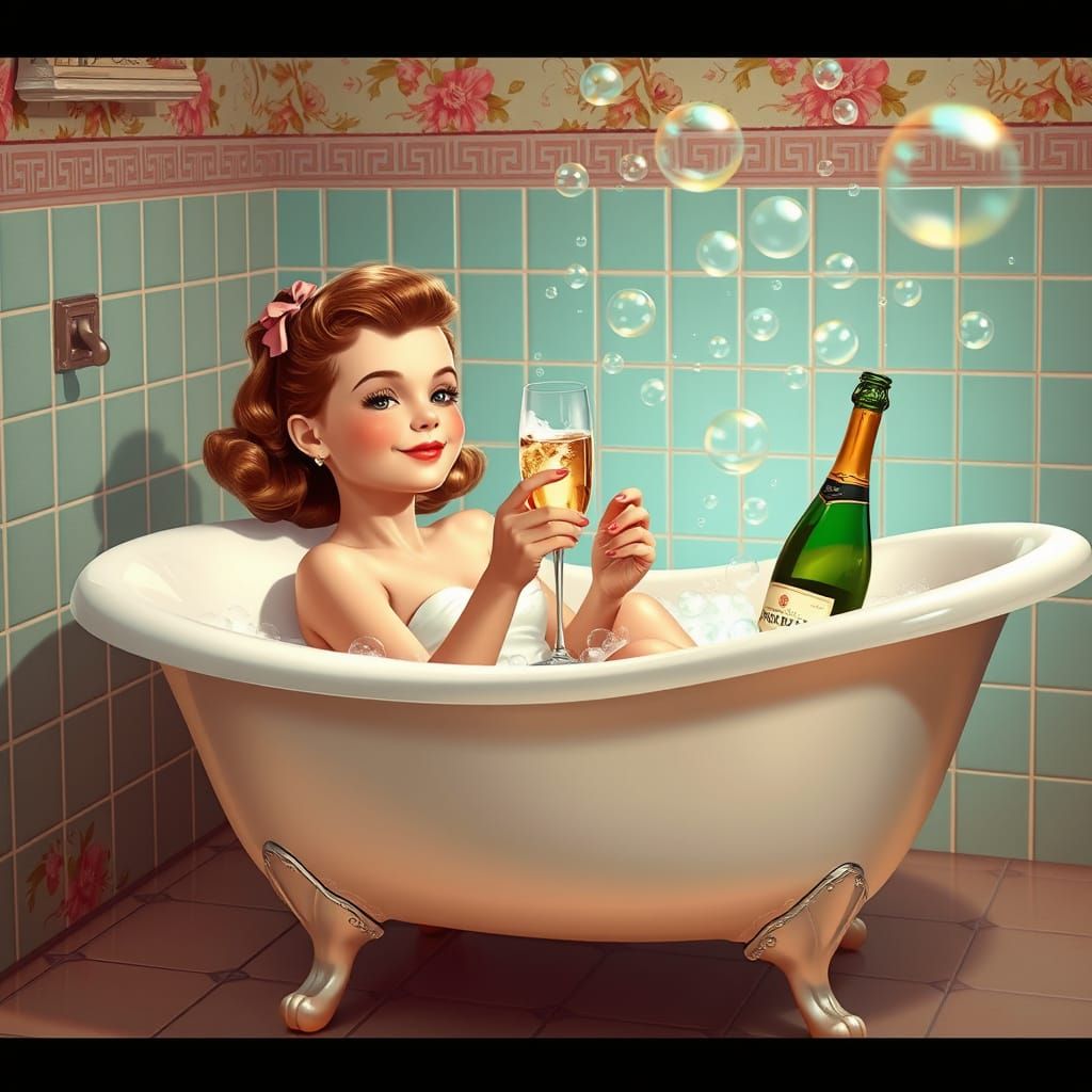 Girl in Clawfoot Tub in Pin-Up Style