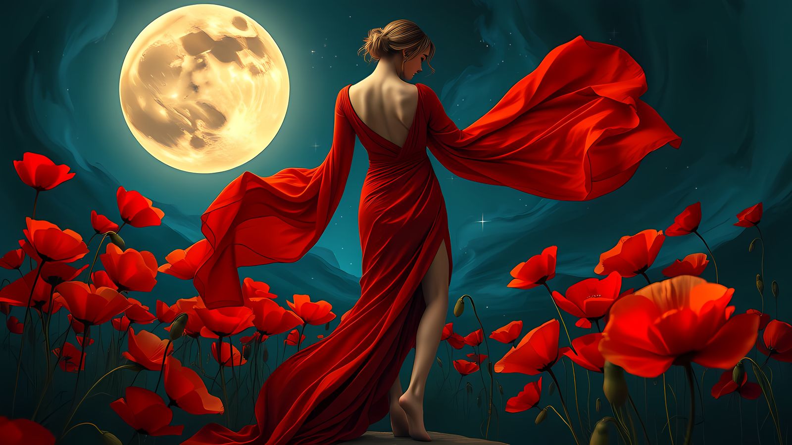 Crimson Silk Woman in a Moonlit Garden