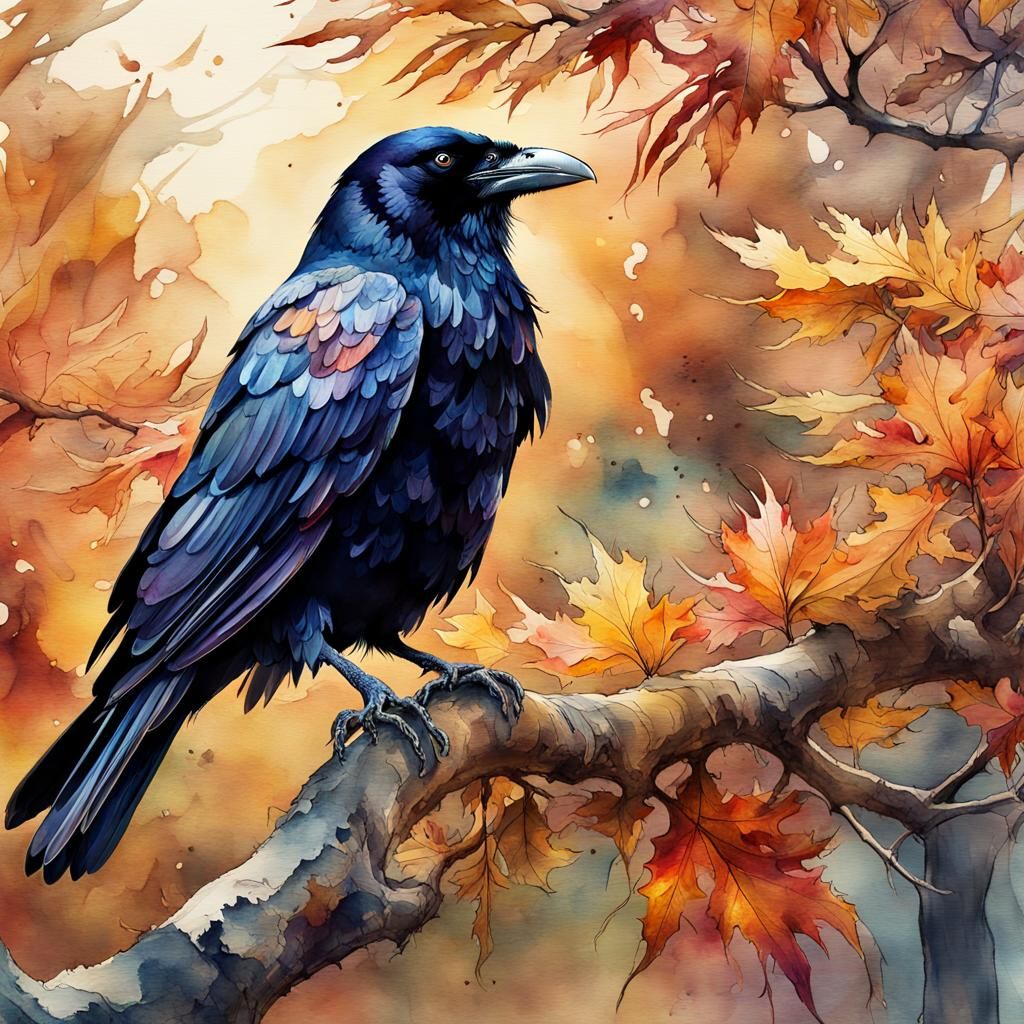 Autumn Raven in Digital Watercolor Illustration