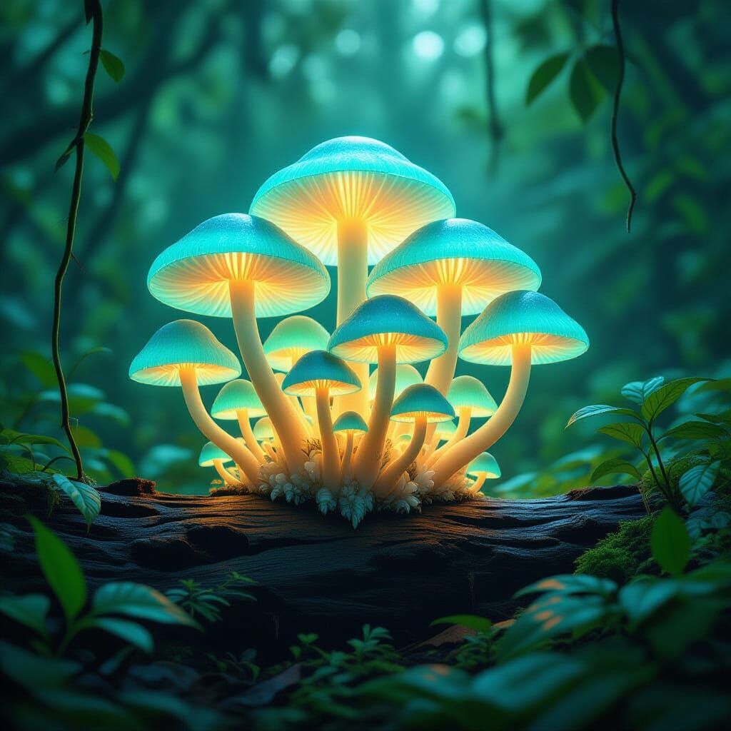 Bioluminescent Mushrooms Expanding in Dense Jungle, Ethereal...