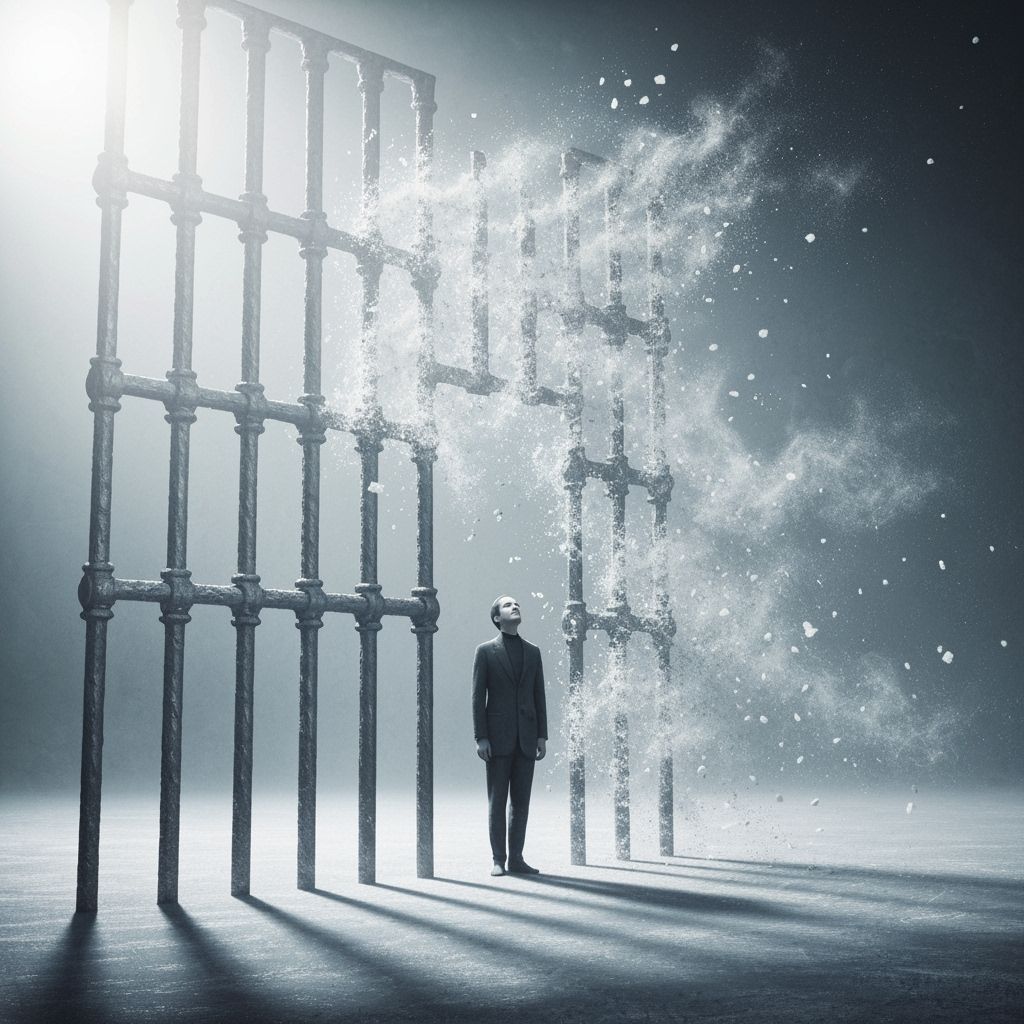 Figure Escapes Chalk Cage in Surrealist Dreamscape