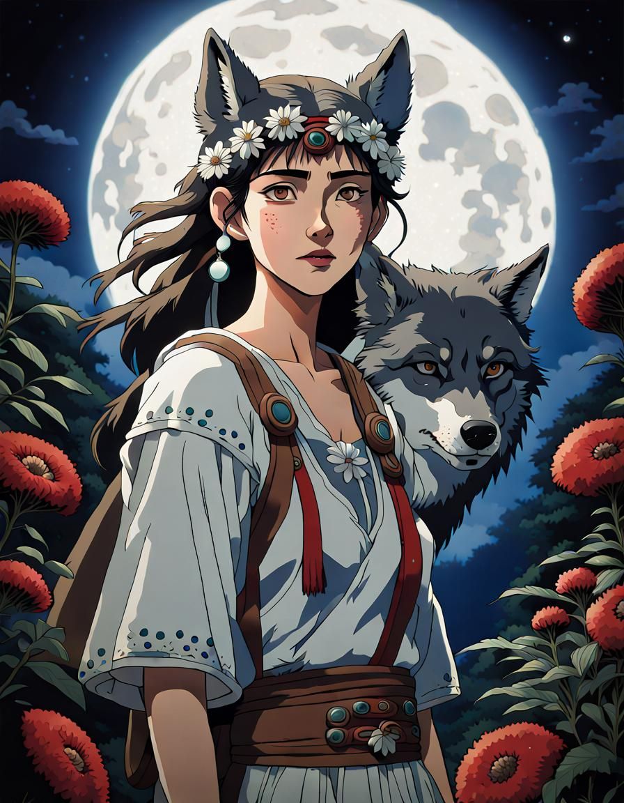 Princess Mononoke Moonlit Portrait in Ghibli Style