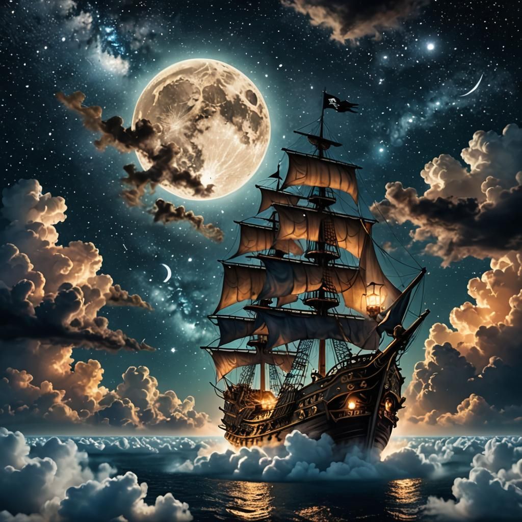 Pirate Ship Soaring Through a Starry Night Sky