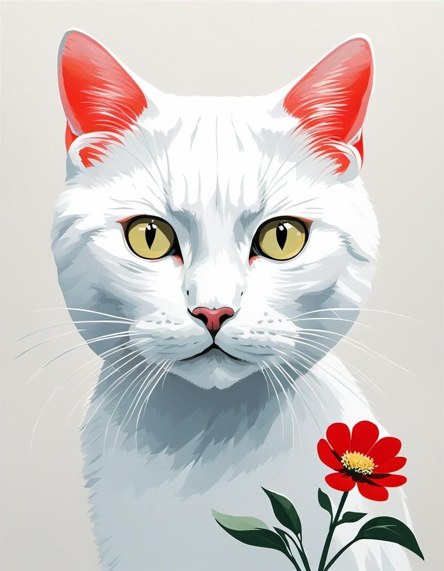 White Cat and Flower in Takeshi Kitano Style