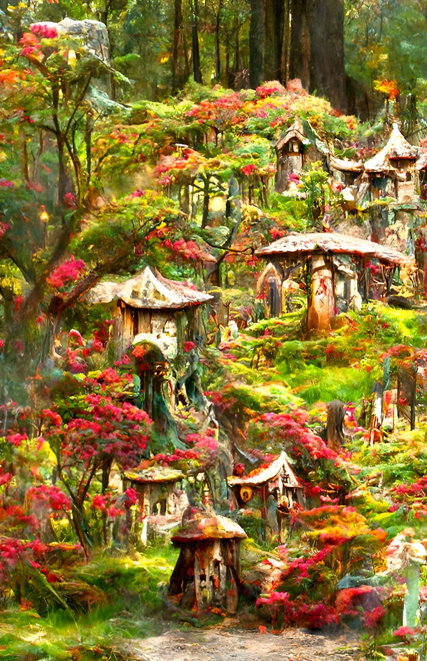 Enchanted Celtic Forest Village with Auroras