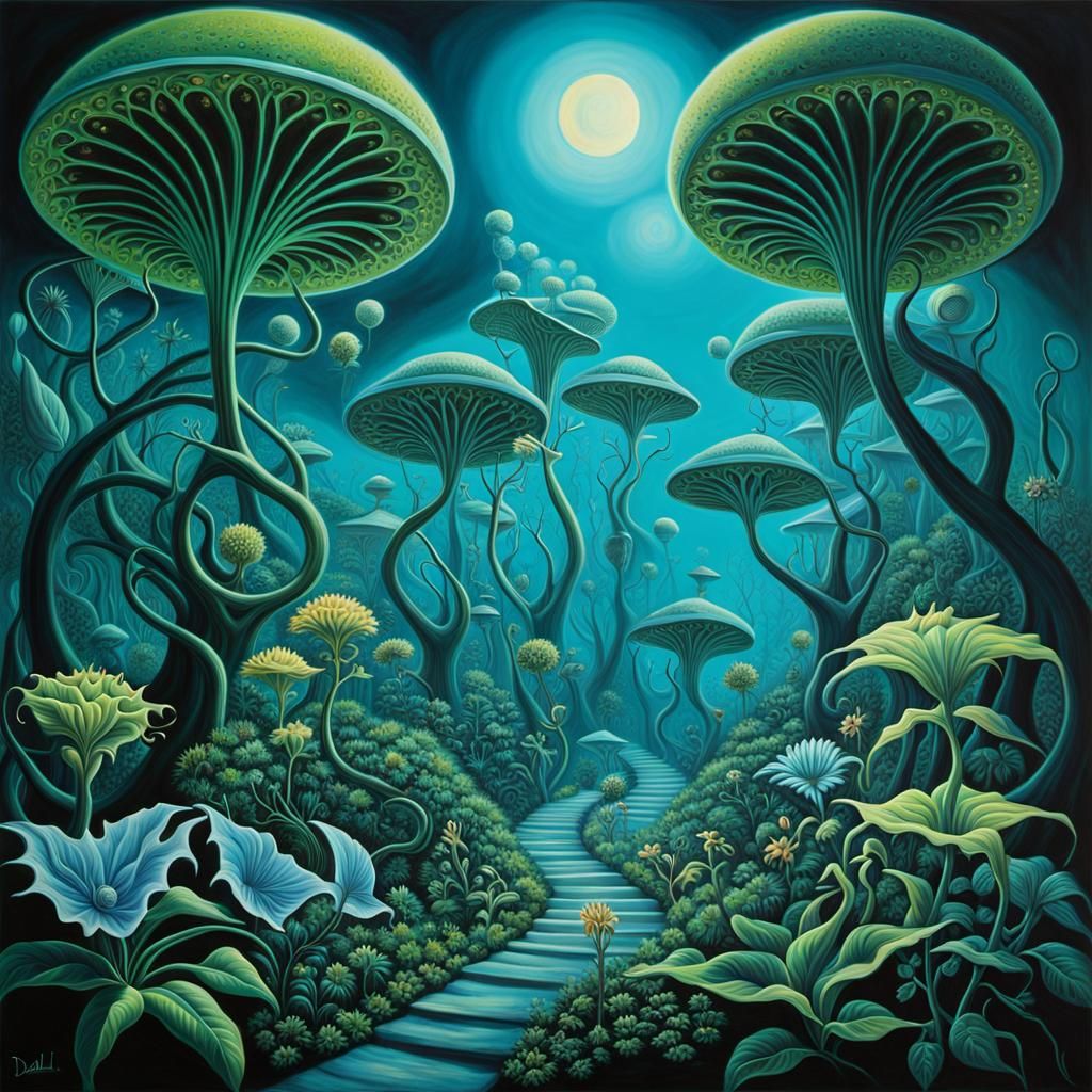 Surreal Alien Plant in Dreamlike Forest, Oil Painting