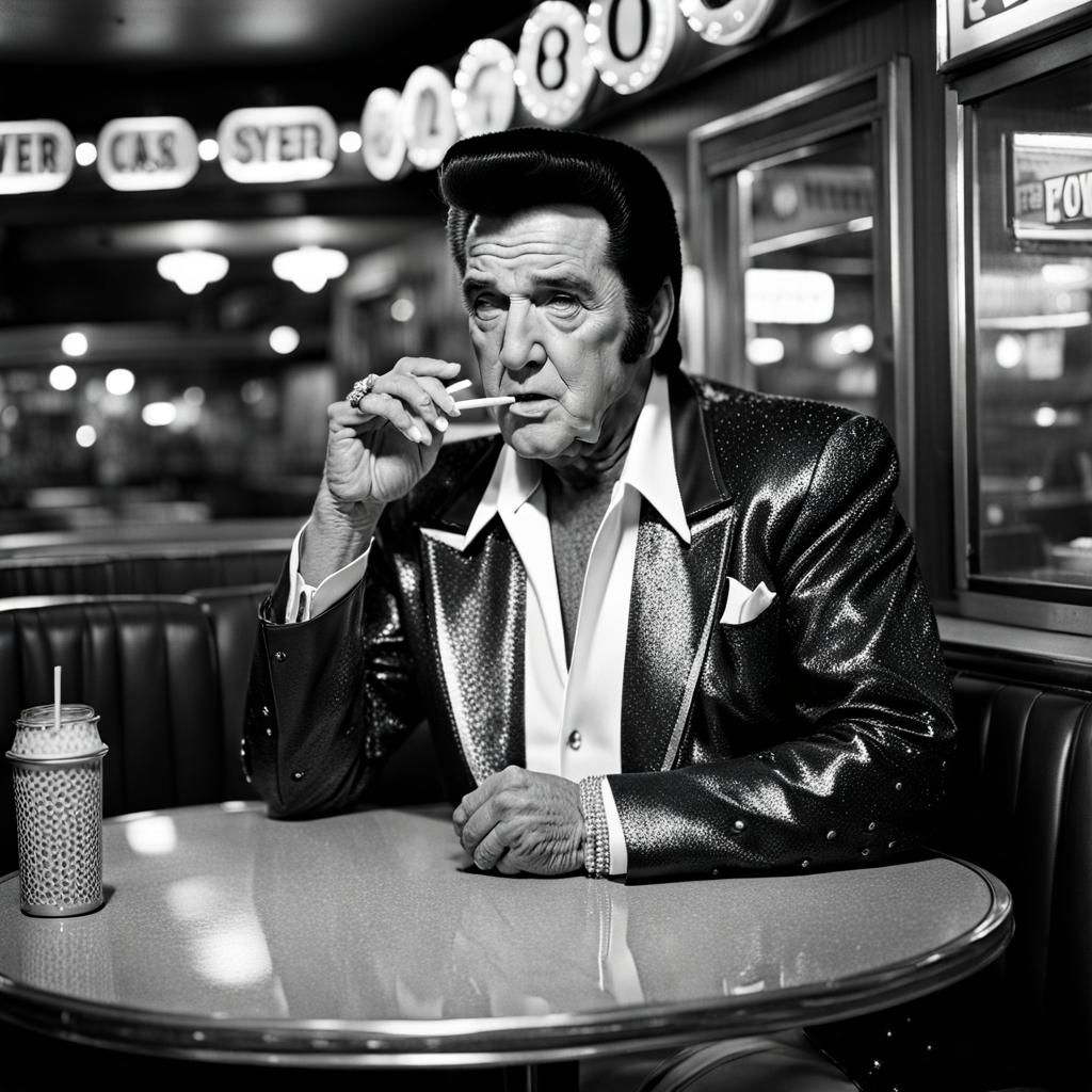 Elvis Impersonator in Diner: Black and White Portrait