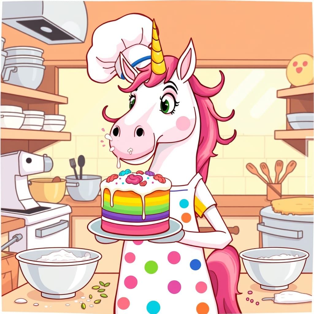 Cartoon Unicorn Chef's Rainbow Cake Triumph