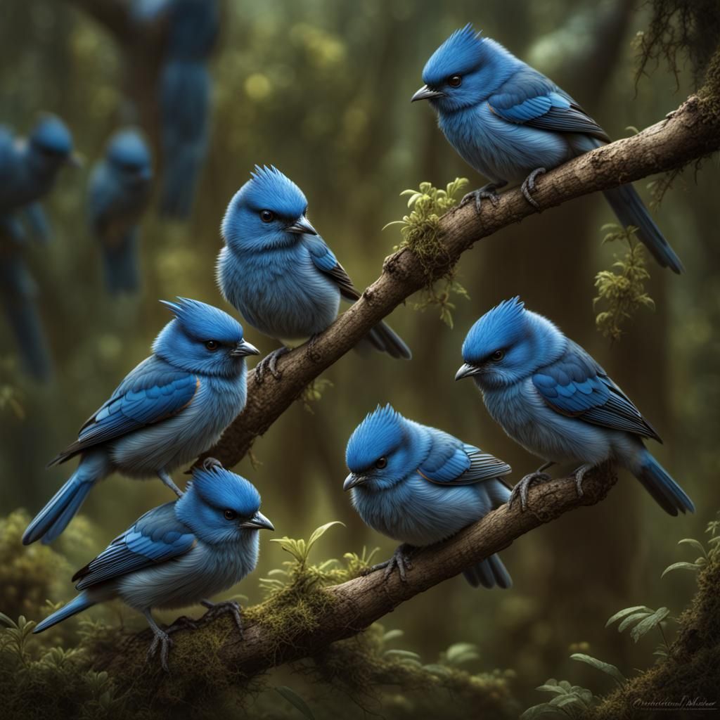 Hyperrealistic Eurasian Blue Tits in Digital Painting