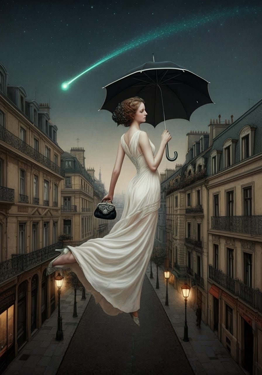 Ethereal White Goddess Emerges Above Cityscape in Chic Eveni...