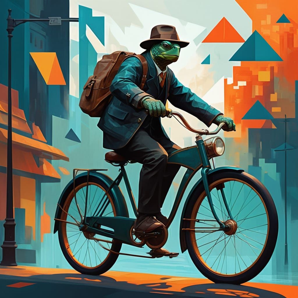 Realistic oil painting. A turtle riding a bicycle. cubist painting, Neo-Cubism, layered overlapping geometry, art deco p...