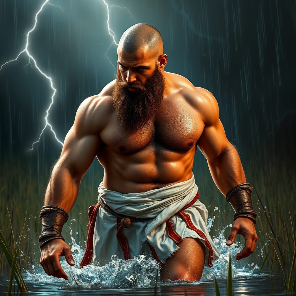Intense Warrior Emerges from Stormy Flooded Meadow in Hyperr...
