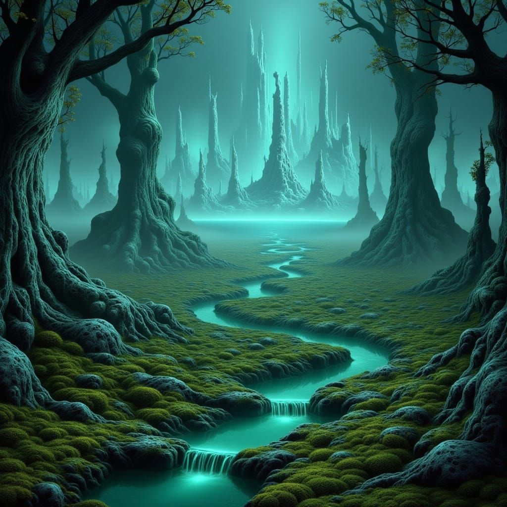 Alien Crystal City Amidst Luminous Moss Plains