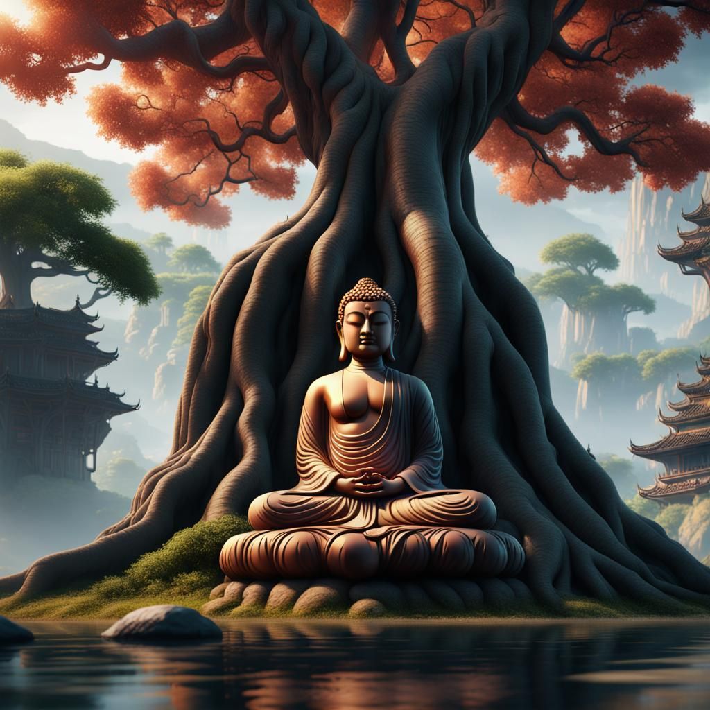 Meditating Buddha Under Tree in Detailed Painting
