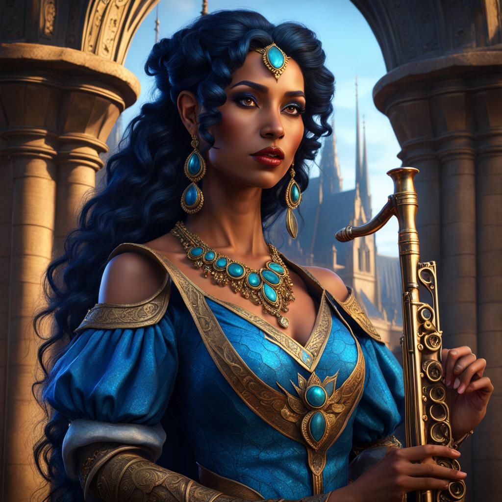 Blue-Skinned Bard with Flute in Detailed Fantasy Art