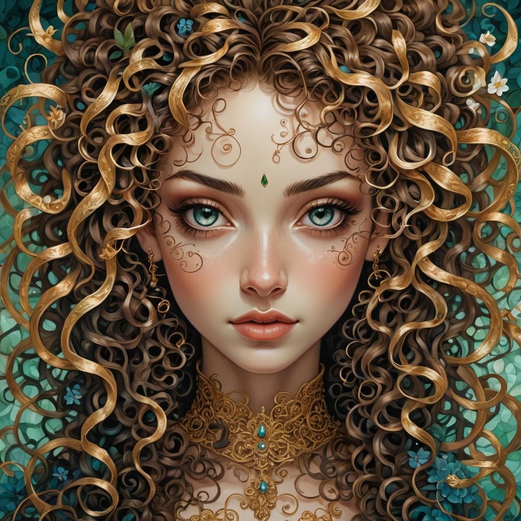 Beautiful Young Woman with Curly Hair, Digital Art