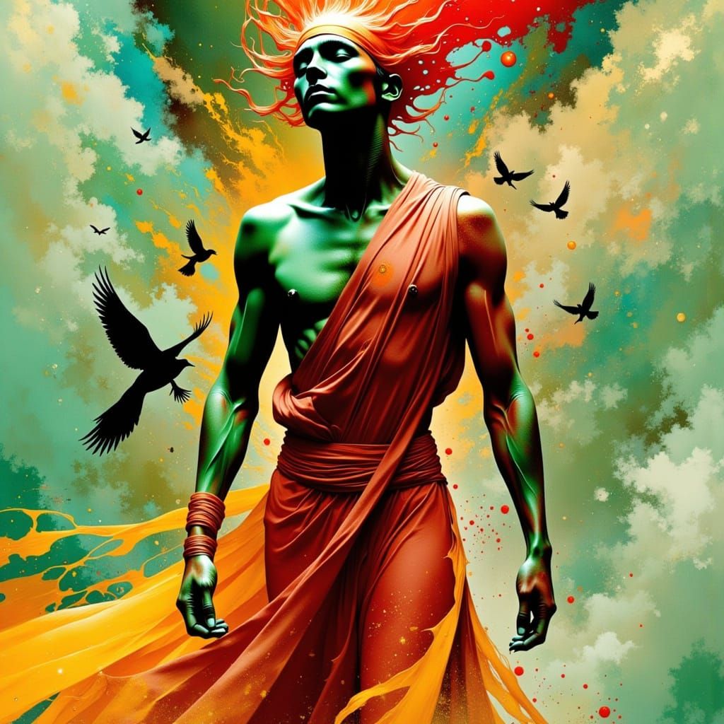 Ethereal Warrior Contemplates Mortality in Vibrant, Neo-Noir...