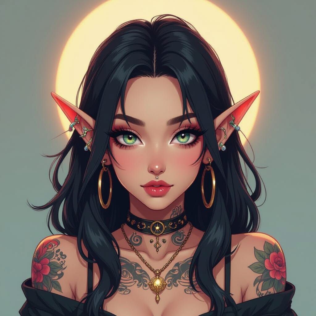 Grunge Anime Woman with Elf Ears, Tattoos & Piercings