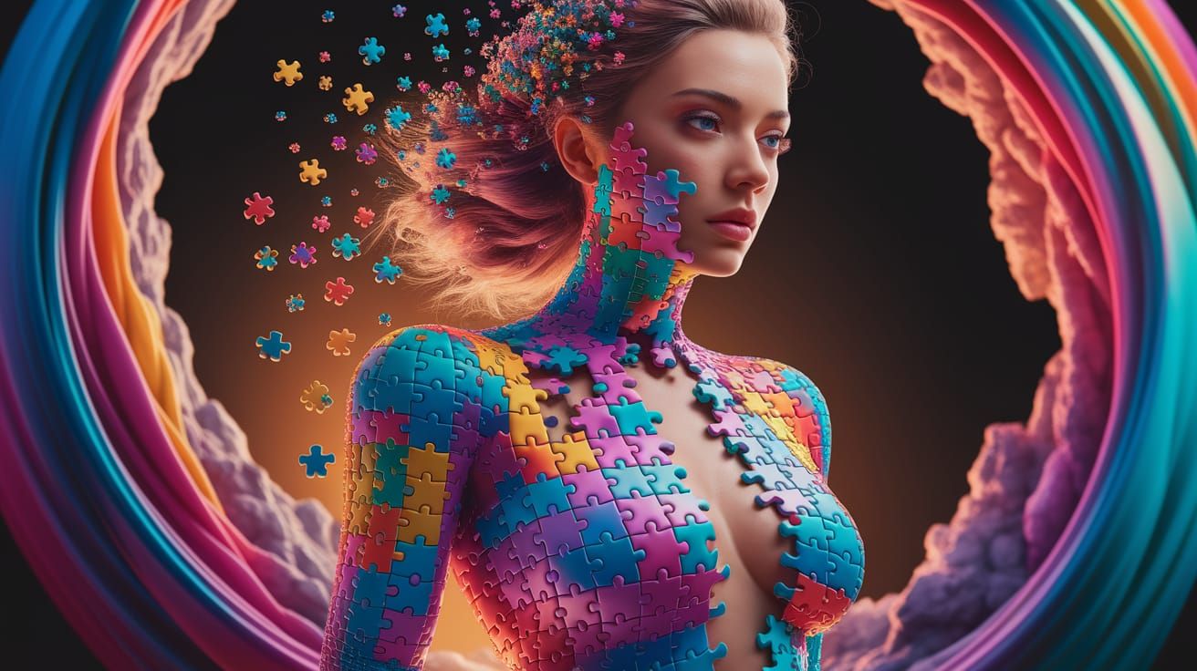 Surreal Digital Art of Woman Disintegrating into Vibrant Puz...