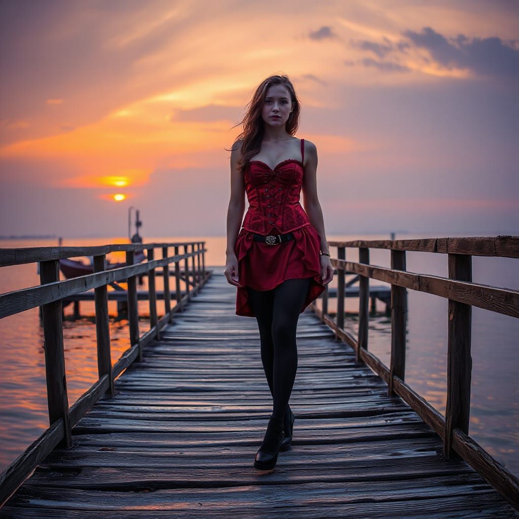 Woman in Red Corset on Pier at Sunset