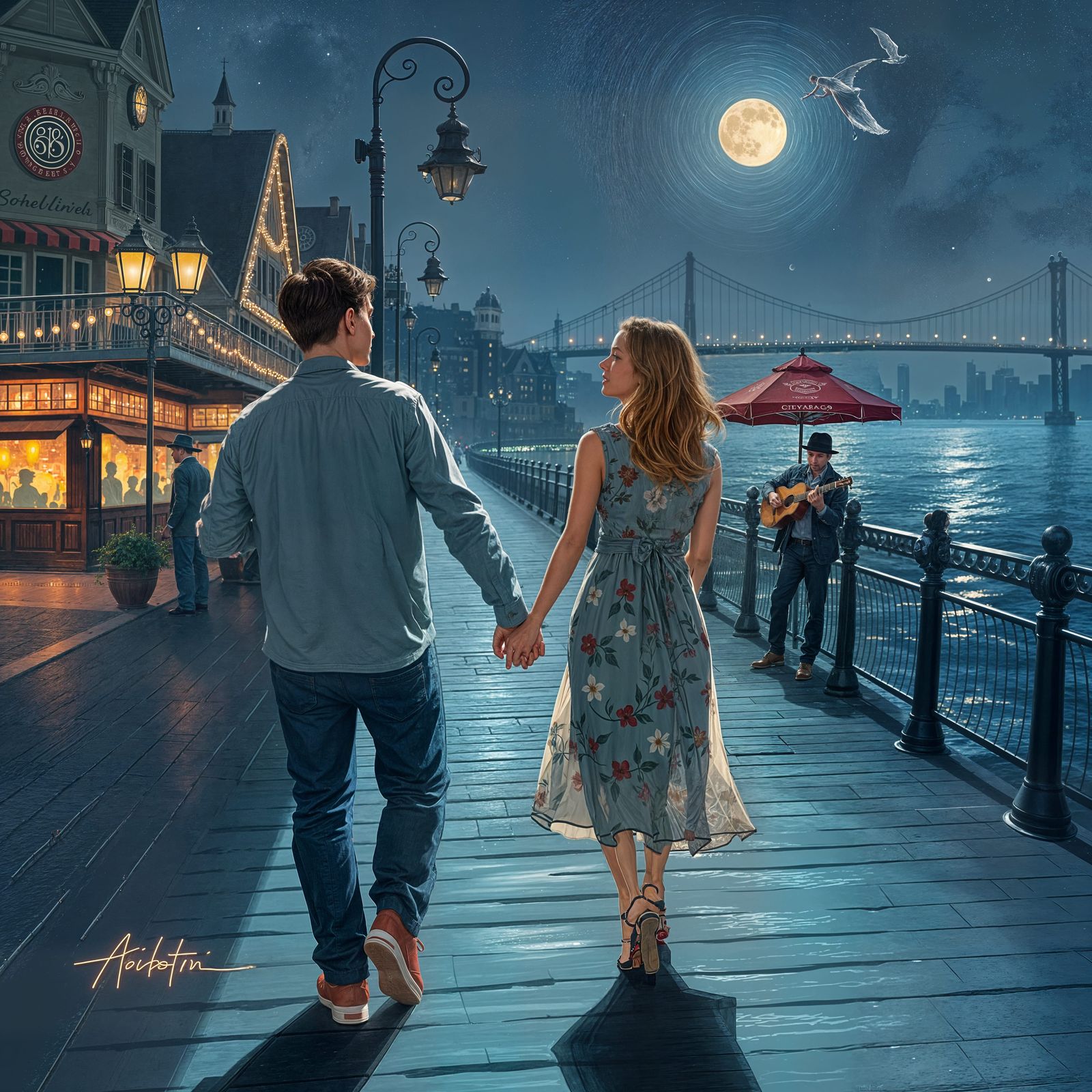 Romantic Nighttime Boardwalk Scene with City Lights