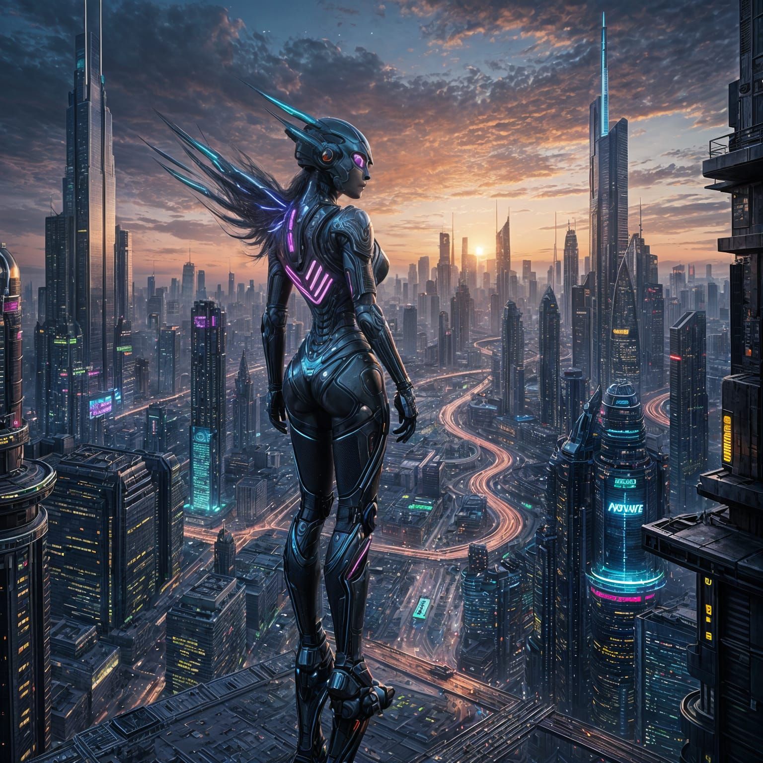 Immersive Cyberpunk Cityscape at Sunset
