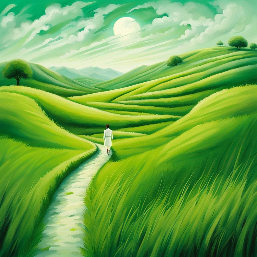 Woman in White Suit Walking Through Green Field