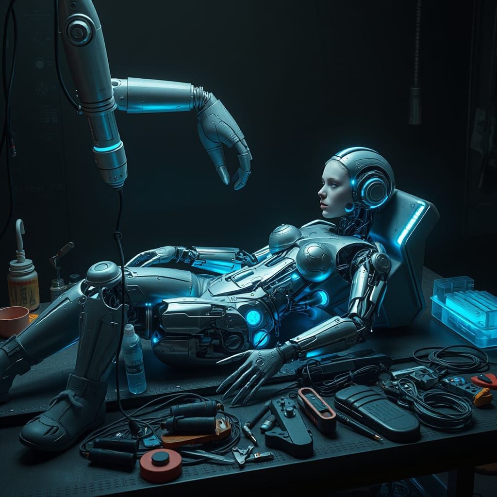 Cyborg Repair Scene in Cyberpunk Style