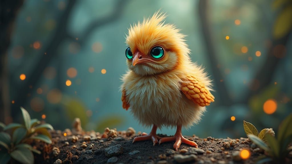 Psychedelic Chicken Fledgling in Bioluminescent Jungle