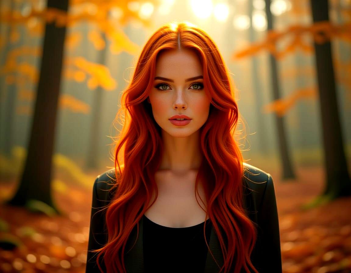Ginger Haired Woman in Vibrant Autumn Forest