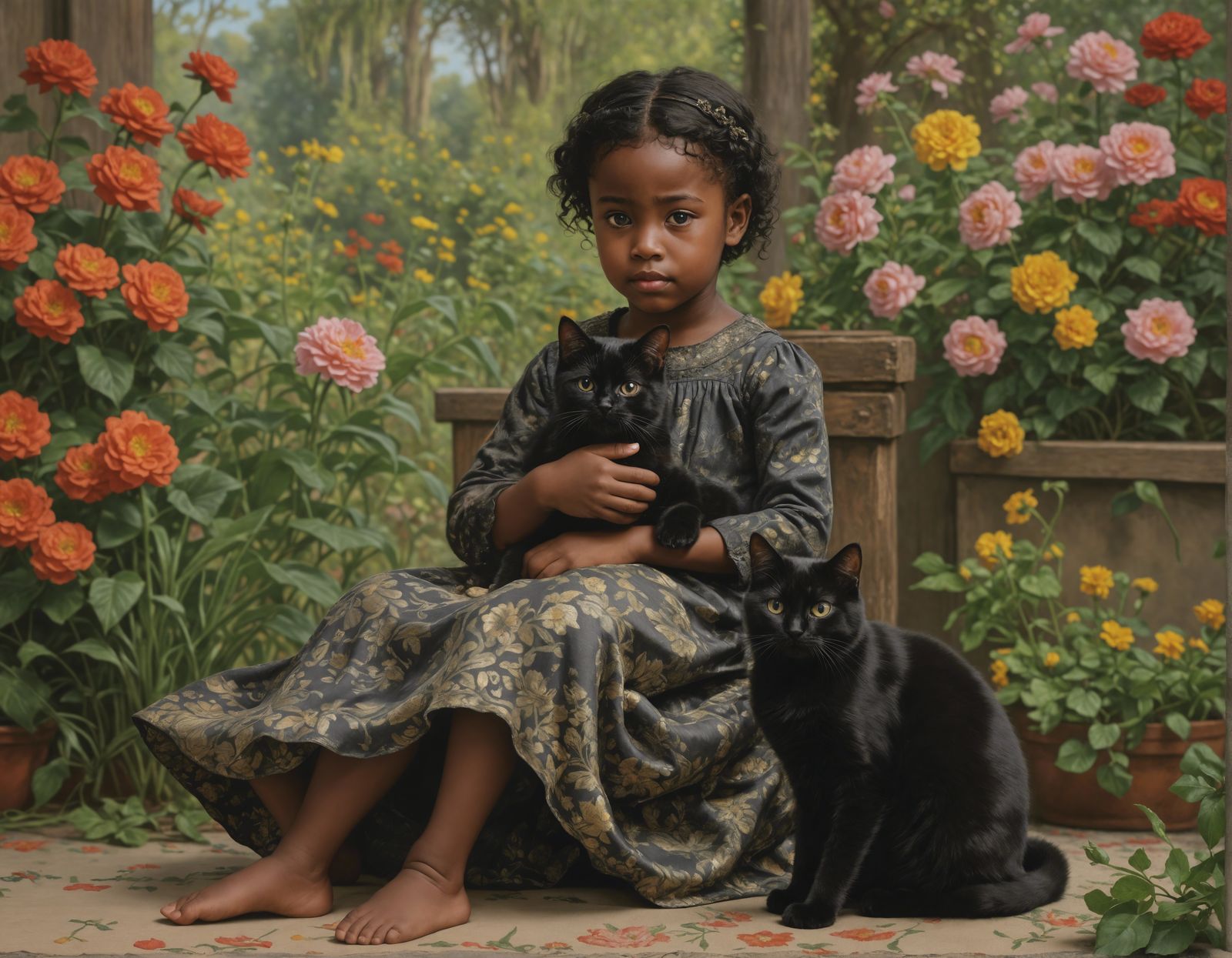 Black Cat and Toddler in Impressionist Style