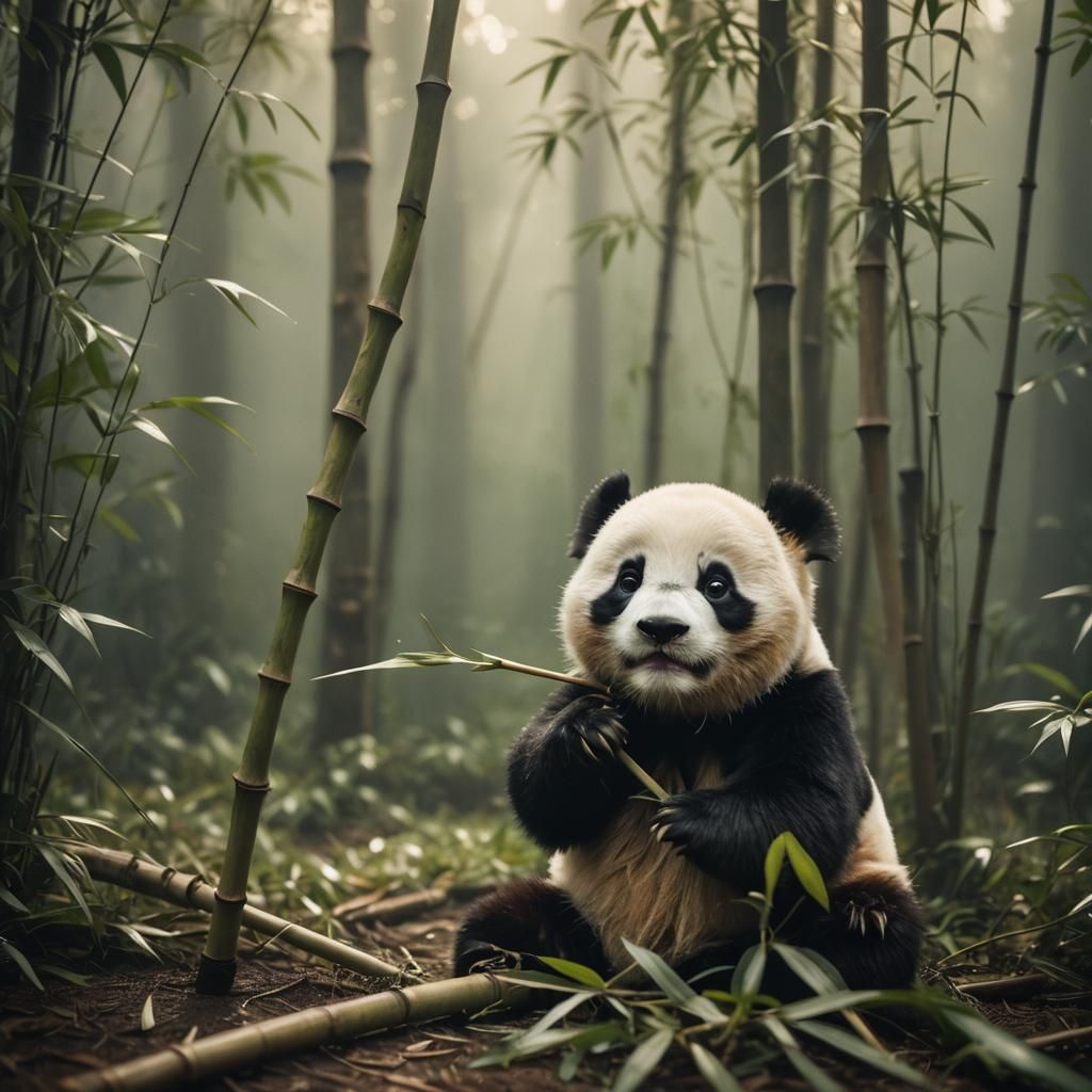 Baby Panda Plays in Misty Forest: Cinematic Still