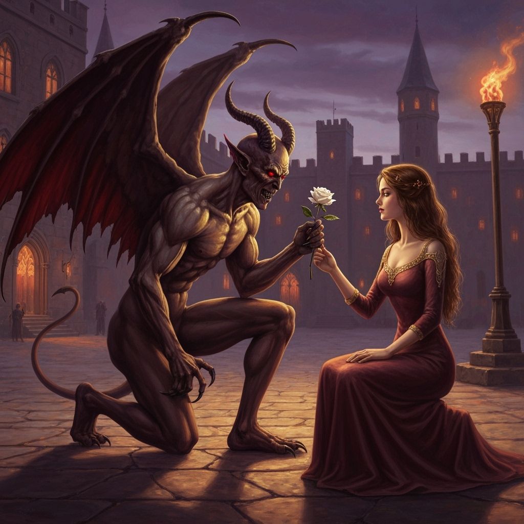 Demon's Tender Courtship: Gothic Romance Oil Painting