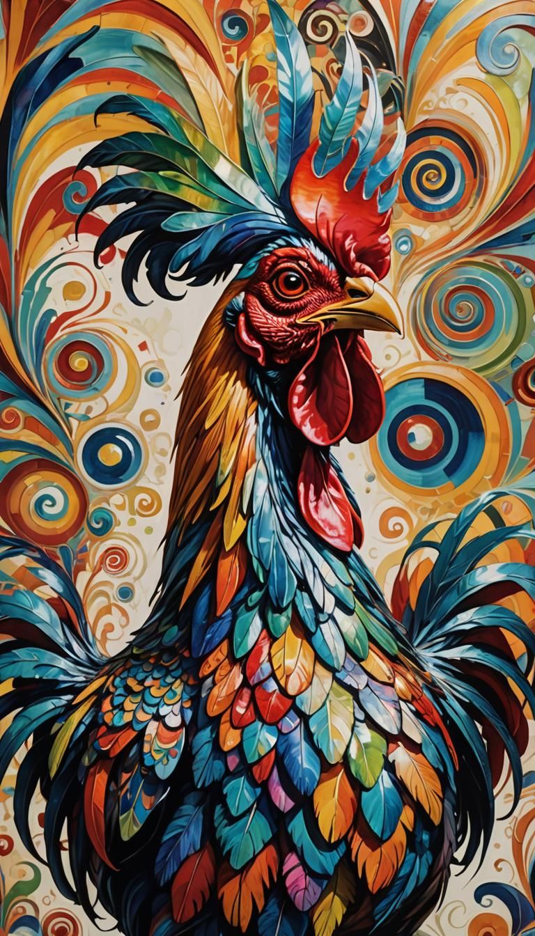 Surreal Rooster and Harley Quinn, Dali and Miro Inspired