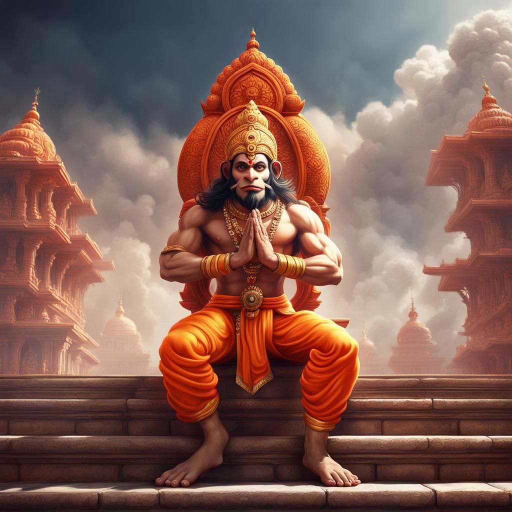 Hanuman Kneeling Before Ram Mandir, Digital Art
