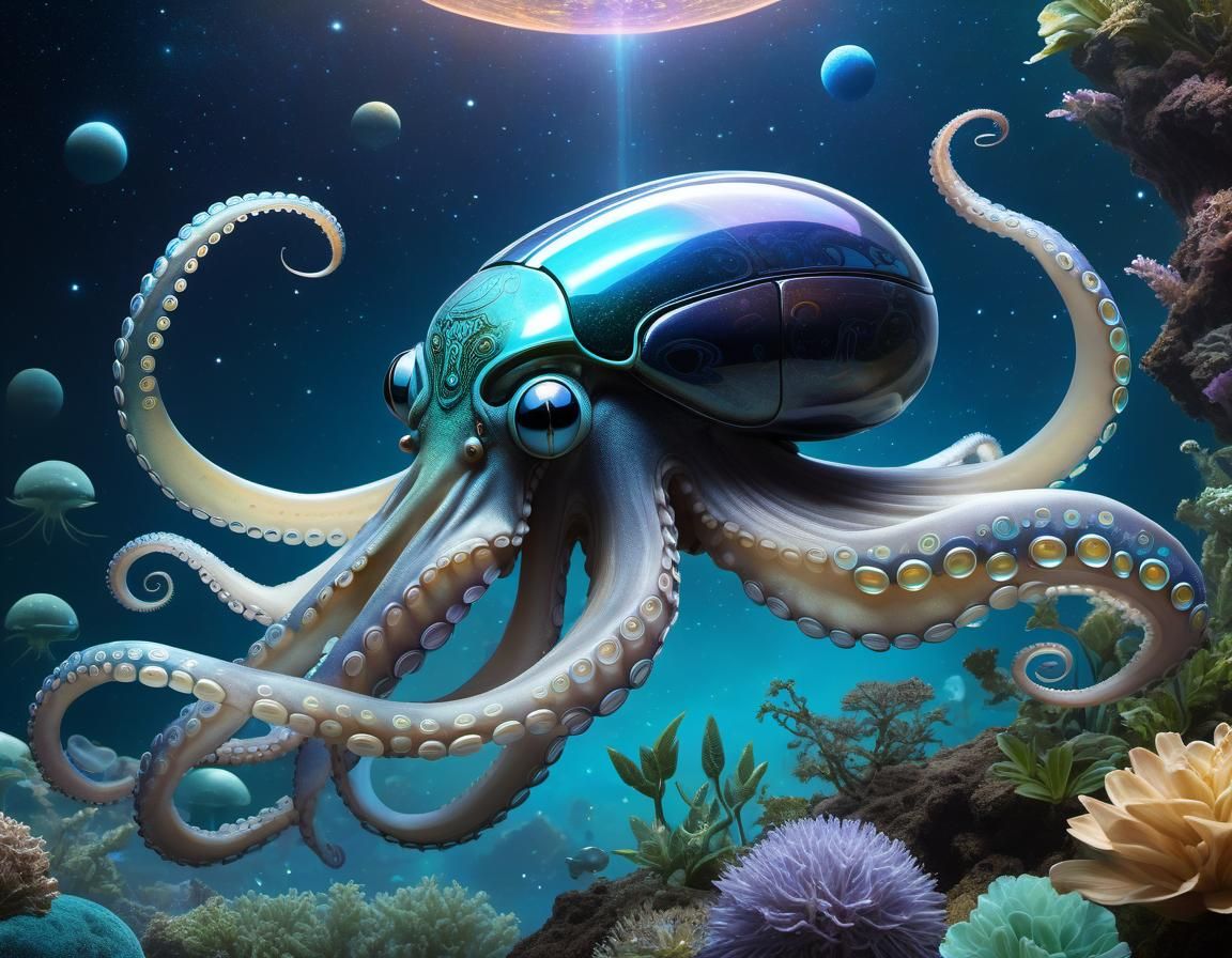 Hybrid Octopus-Starling-Beetle Creature in Sci-Fi Landscape