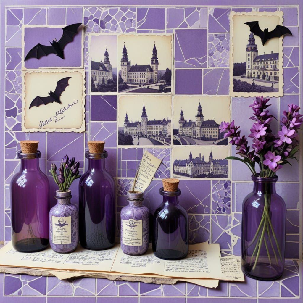 Dresden Hotel Room in Scrapbook Style with Lilac Tones