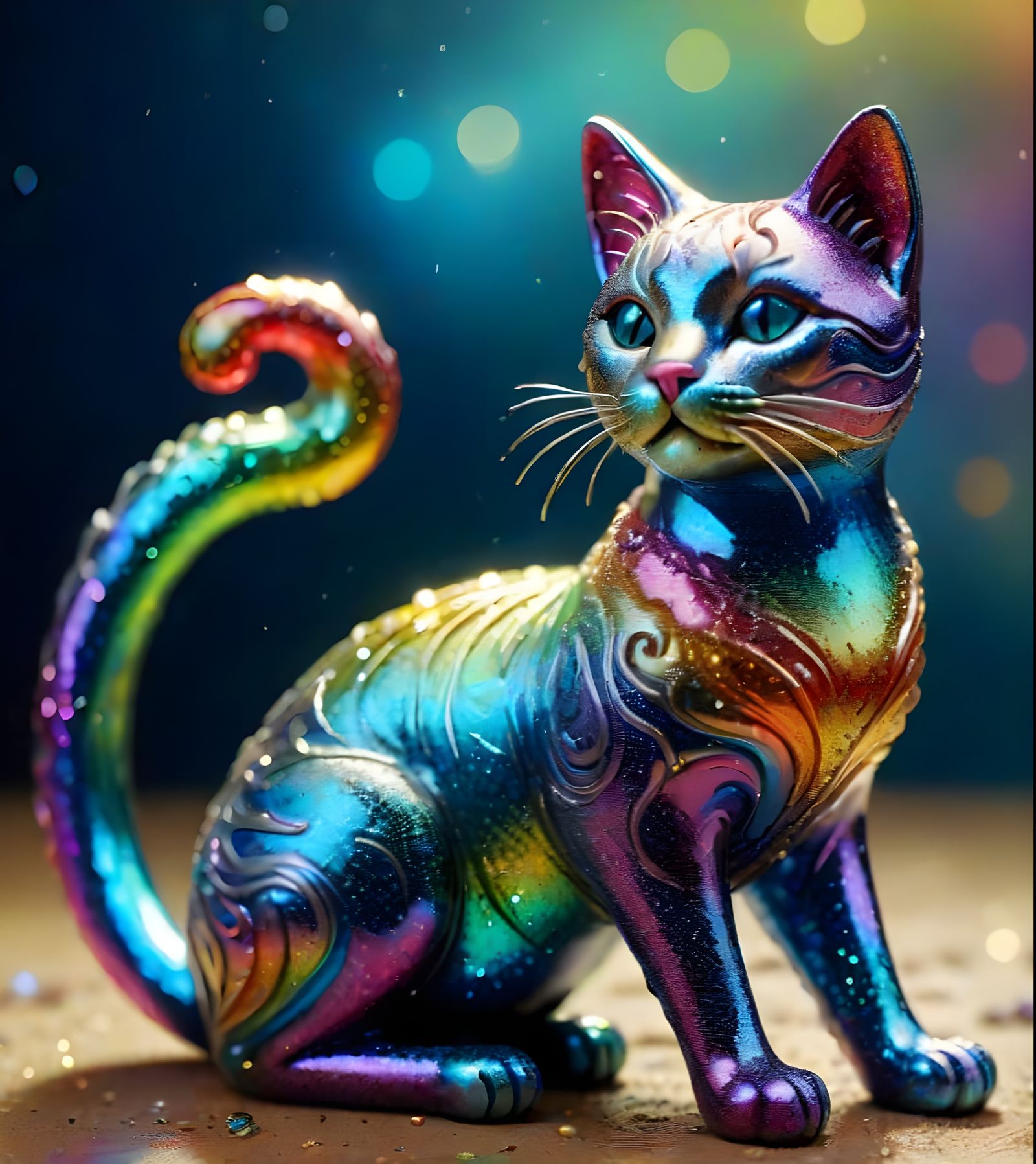 Majestic Iridescent Cat Figurine in Ethereal Fantasy Art