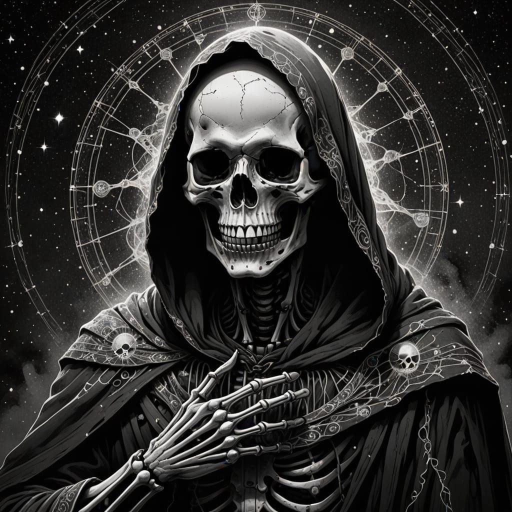 Monochromatic Skeletal Figure with Cosmic Halo Illustration