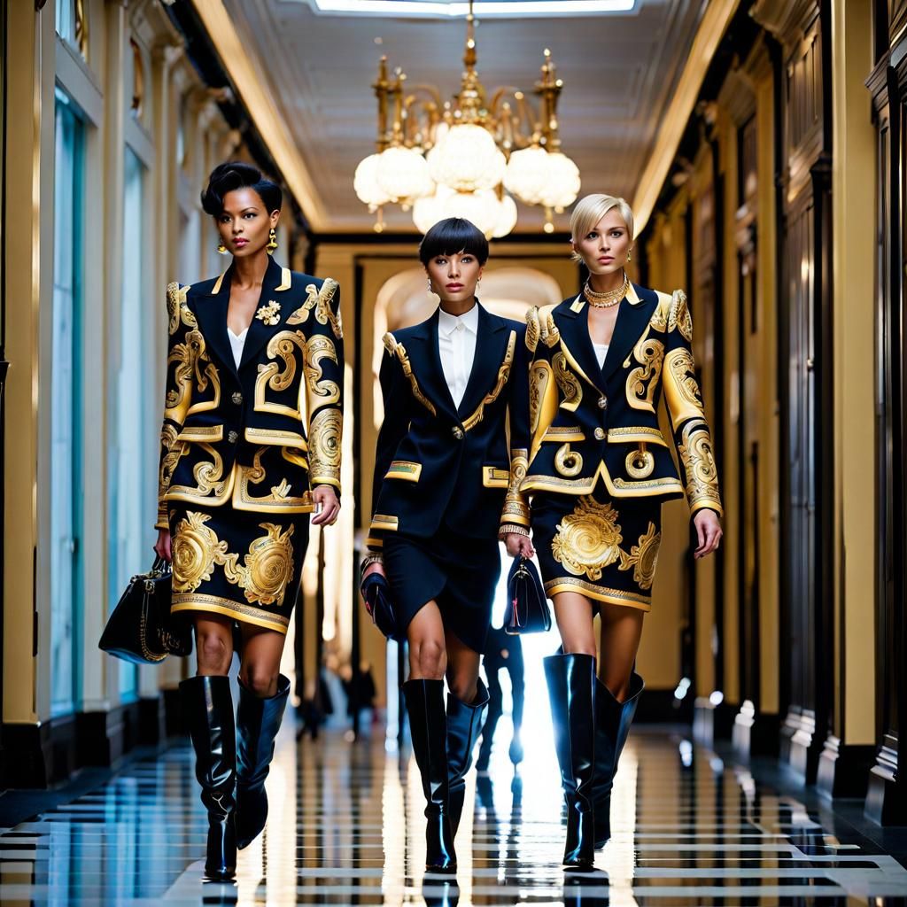 Versace Fashion: Women in Skirt Suits and Boots