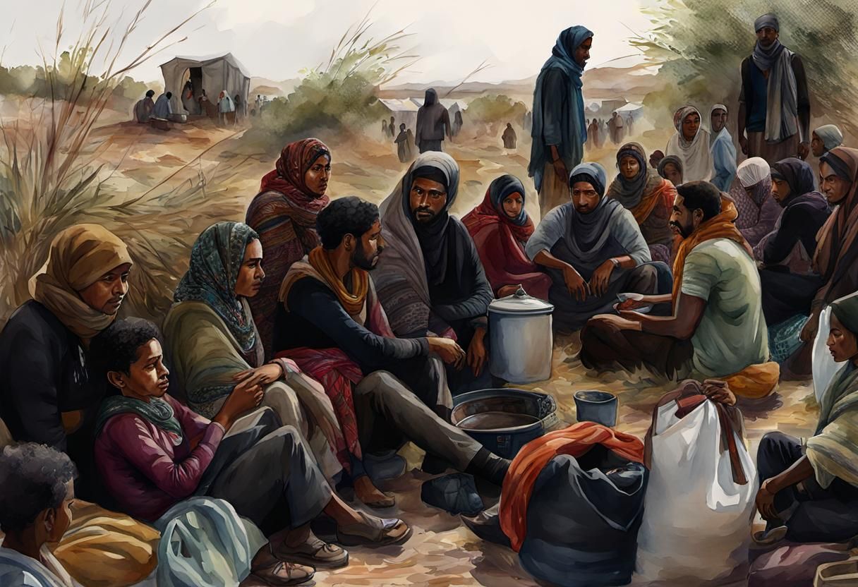 Modern Refugees in Digital Watercolor Style