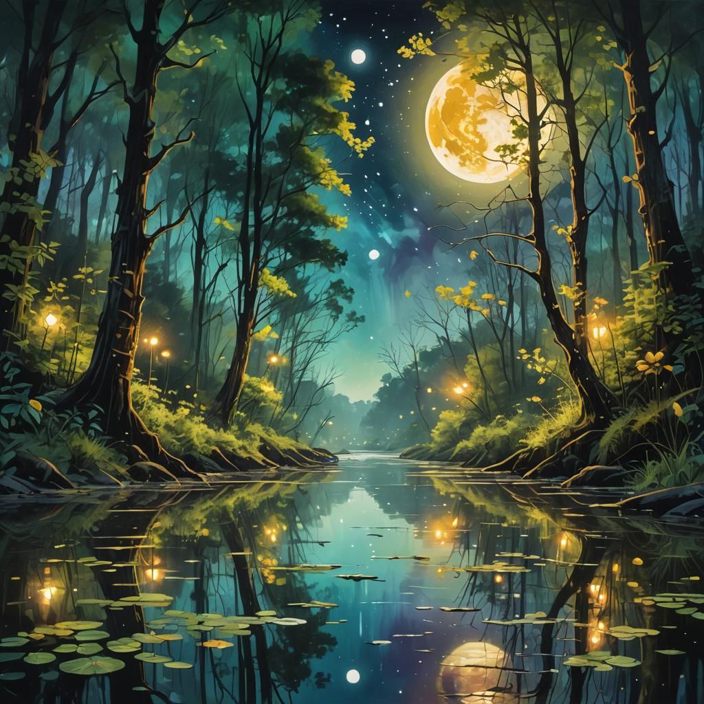 Moonlit Forest Meeting in Graffiti Art Style