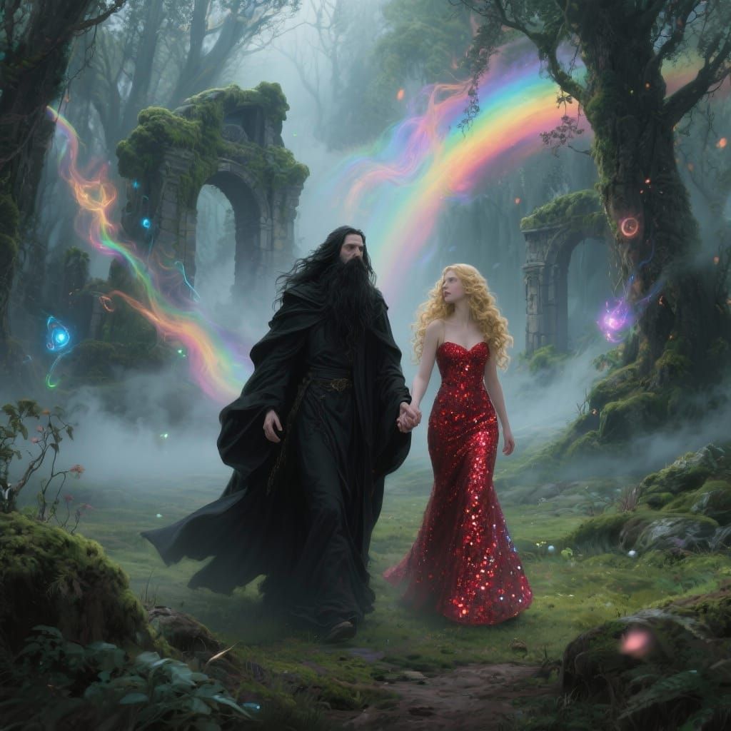 Wizard and Woman in Rainbow Mist by Ancient Ruins
