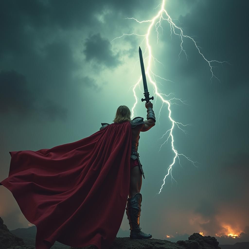 He-Man Raises Sword in Apocalyptic Storm