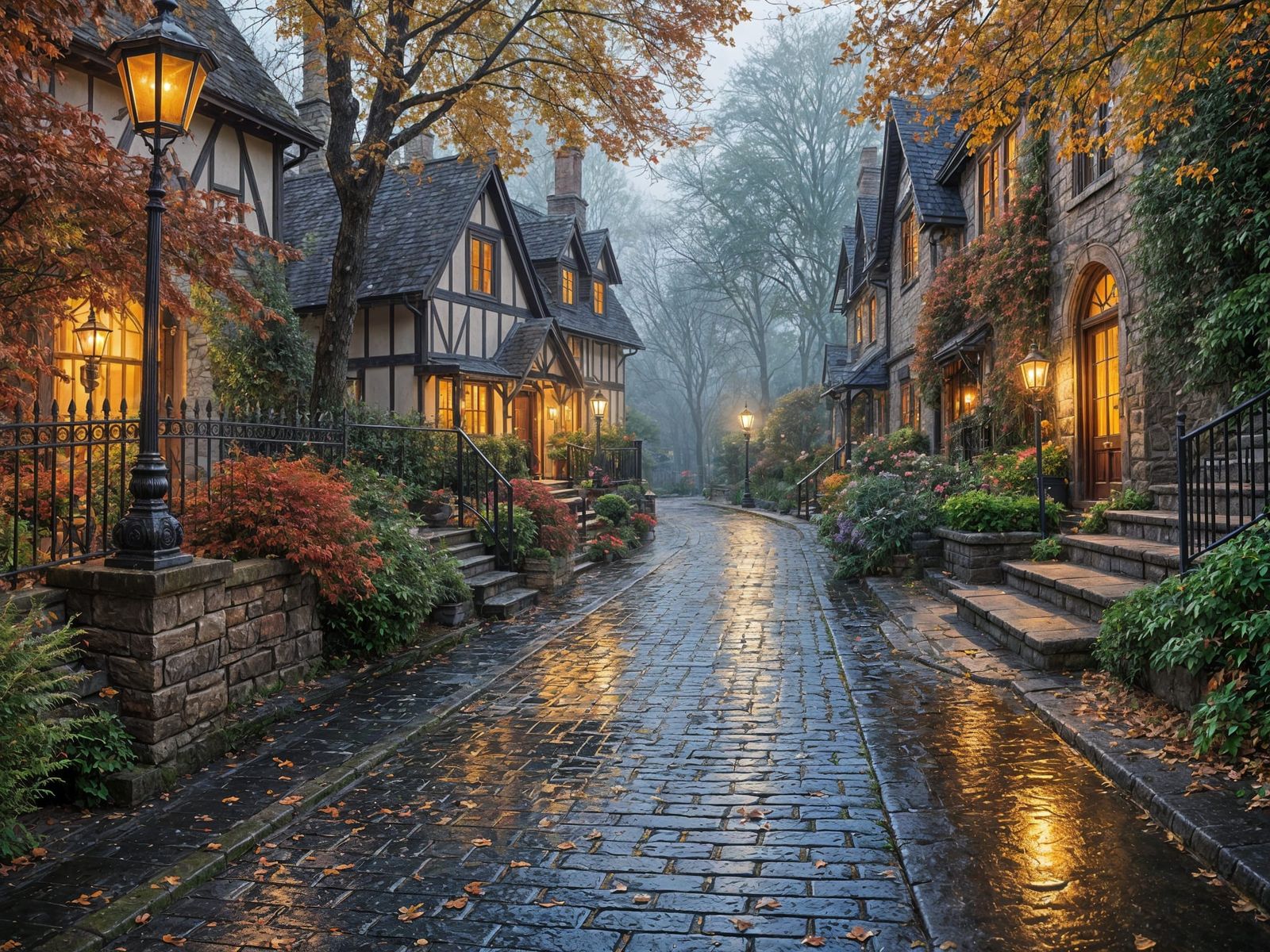 Surreal Autumn Village Scene in Warm Oil Painting Style