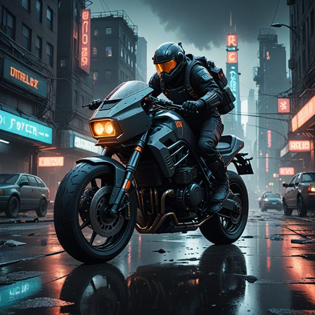 Sleek Bike Speeds Through Dystopian Cityscape with Pig Rider